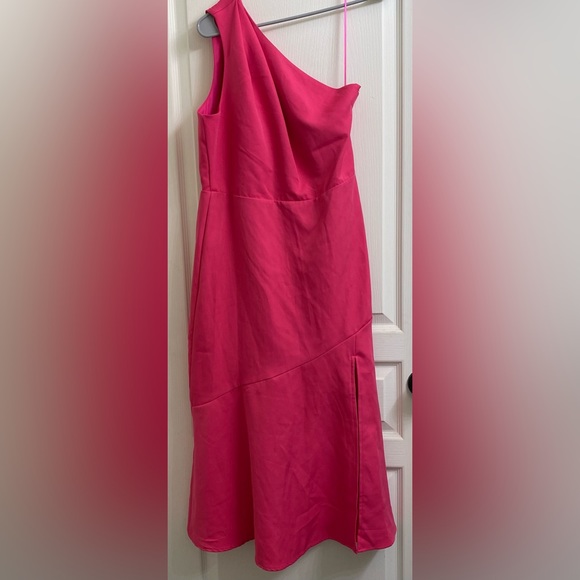 Sam Edelman One Shoulder Front Slit Midi Cocktail Dress in Pretty Pink - Picture 2 of 9